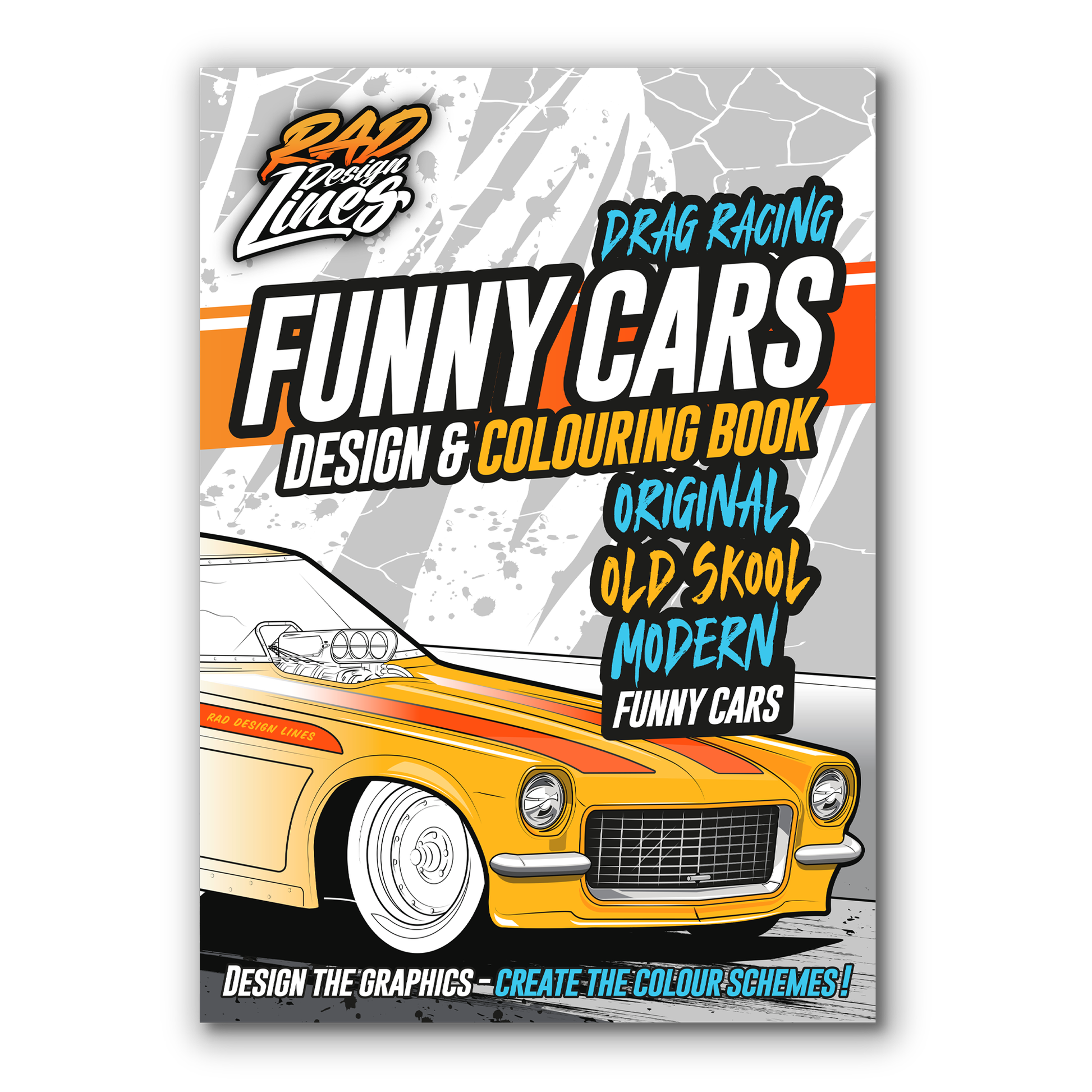 Book cover of 'Funny Cars Design & Colouring Book' with a yellow car illustration on a white background.